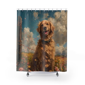 Golden Retriever Hund in Ranch mit Blumenfeld in Hintergrund-Heavy Paint Aquarell Ölgemälde, Badezimmer Dekor, Kunstwerk Duschvorhang