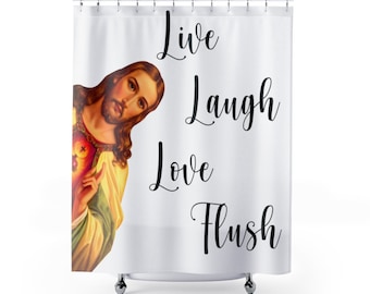 Peeking Jesus Live Laugh Love Flush Funny Meme Shower Curtains