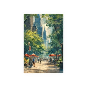 Bryant Park in New York City- NYC City Scene Skyline - Watercolor Oil Painting -Satin and Archival Matte Unframed Print