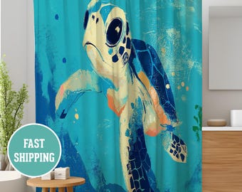 Sea Turtle Shower Curtains, Underwater Ocean Bathroom Decor, Beach House Coastal Home, Marine Life Animal Print, Sea Creature Bath Curtain
