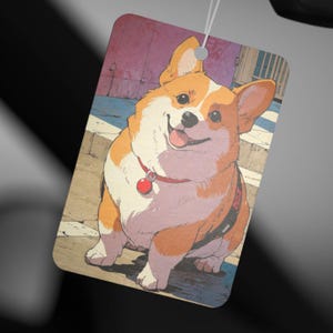 Puede incluir: Una ilustración de dibujos animados de un corgi sonriente que lleva un collar rojo con una campana. El perro está sentado en un tramo de escaleras con un fondo rosa y morado.