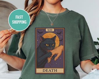 Camiseta unisex divertida de Halloween con la carta del tarot de la muerte del gato, camiseta de gatito espeluznante, ropa de bruja, disfraz de Halloween, ropa ocultista