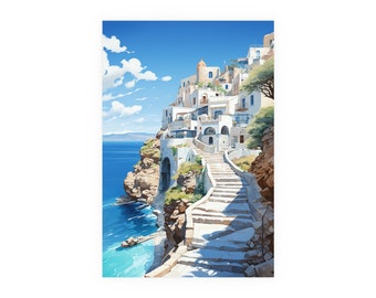 ギリシャの海辺の町並みのプリント - 地中海沿岸のアートワーク - 白い