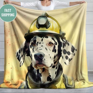 Brandweerman Dalmatische portret schilderij deken, hondenliefhebber cadeau, gezellige plaid, decor dierenprint, huisdier eigenaar aanwezig, schattige puppy kunst beddengoed