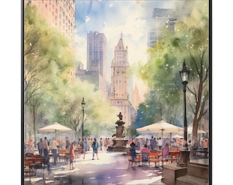 Bryant Park Springtime - Watercolor Style Framed Canvas Print - New York City Landscape Wall Art