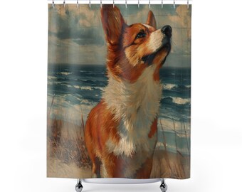 Curious Corgi Dog Puppy Along the Beach Waterfront- Dog Owner Bathroom - Vintage Oil Painting with thick strokes- Artwork Shower Curtain