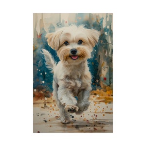 Cute White Maltese Dog Running- Dog Owner Gift-Watercolor Beautiful Art Print-Painting Heavy Brush Strokes- Matte Vertical Posters- Unframed