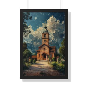 Italian Landscape Old Church in Countryside- Vintage Beautiful Art Print-Painting Heavy Brush Strokes, Satin and Archival Matte Framed Print