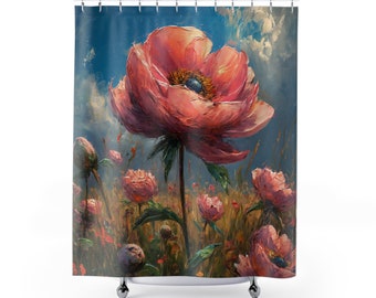 Beautiful Peony Flowers in Field Reaching for the Sun- Vintage Heavy Paint Watercolor Oil Painting, Floral Art- Artwork Shower Curtain