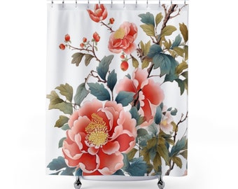 Red Blossom: Japanese-Inspired Floral Framed Print - Exquisite and Vibrant Wall Art, Japanese Painting, Flower - Artwork Shower Curtain