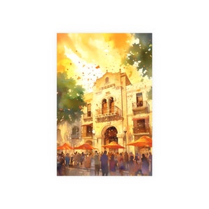 Copy of SunFiesta Aquarela&quot; - Watercolor Print of a Fiesta in a Spanish Square, Spanish Decor, Satin & Archival Matte Unframed Print