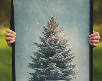 Lone Fir Tree On A Snowy Hill- Winter Christmas Woodland Snow- Xmas Print Landscape