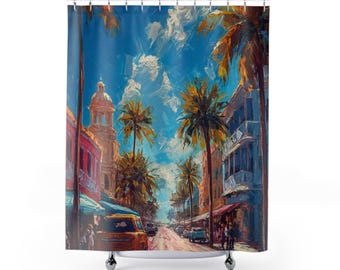 Tiendas de la playa de Venice, California, palmeras en la calle: pintura de acuarela, arte de pared de verano, arte de playa: cortina de ducha con ilustraciones
