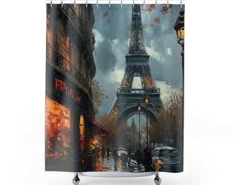 May include: A painting of the Eiffel Tower in Paris, France. The tower is in the background, and in the foreground is a street scene with a cafe and people walking. The painting is done in a realistic style with a focus on detail.