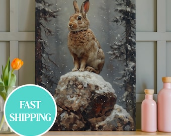 Op de afbeelding: Een canvas print van een bruine haas die op een met sneeuw bedekte rots in een winterbos zit. Het kunstwerk toont een gedetailleerde haas met lange oren en een donzige vacht, tegen een achtergrond van met sneeuw bedekte bomen en een mistige lucht.