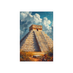 Mexican Pyramid Aztec Art Decor- Vintage Heavy Paint Watercolor Oil Painting -Satin and Archival Matte Unframed Print