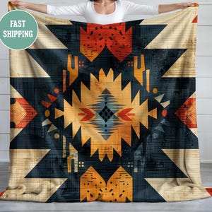 Velveteen Plush Blanket, Aztec Western Geometric Pattern, Home Decor, Cozy Throw, Southwest Style, Tribal Print, Gift for Her, Bedding