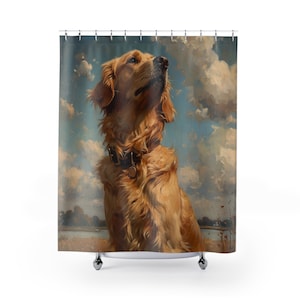 Treuer Golden Retriever Hundewelpe auf einem Feld bei einem See- Hundebesitzer Badezimmer - Vintage Ölgemälde mit dicken Strichen Kunstwerk Duschvorhang
