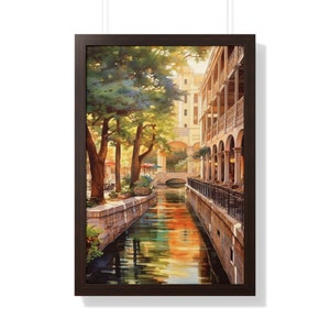 Daylight Serenade - Watercolor Print of San Antonio River Walk - Framed Vertical Poster