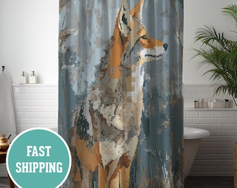 Cortina de ducha de ganchillo con diseño de coyote nativo del suroeste, decoración de baño desértica, hogar estilo suroeste, baño bohemio, baño rústico, nativo americano