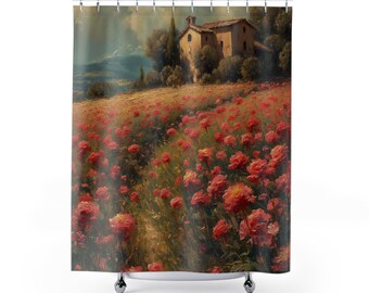 Field ofRed Roses Leading to Villa- Vintage flowers Heavy Paint Watercolor Oil Painting, Flowercore Art Print- Artwork Shower Curtain