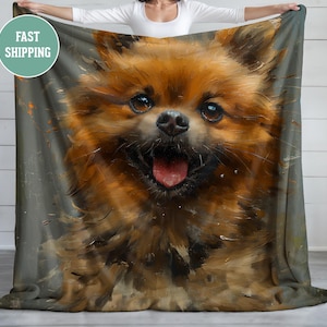 Happy Pomeranian Plush Blanket, - Cozy Throw, Soft Bed Cover, Cuddly Dog Blanket, Warm Fleece Blanket, Cute Puppy Pet Bedding