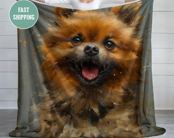 Happy Pomeranian Plush Blanket, - Cozy Throw, Soft Bed Cover, Cuddly Dog Blanket, Warm Fleece Blanket, Cute Puppy Pet Bedding