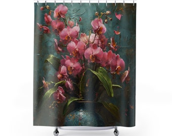 Pink Orchid Flowers in Vase Still Life Art Floral- Vintage Heavy Paint Watercolor Oil Painting, Floral Artwork - Artwork Shower Curtain