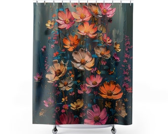 Row of Beautiful Vibrant Flowers-Floral Decor Still life Landscape-Heavy Paint Watercolor Oil Painting, Flowercore, Artwork Shower Curtain