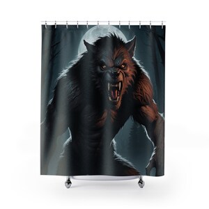 May include: A black werewolf with glowing red eyes snarls at the viewer in a dark forest setting. The full moon shines brightly in the background.