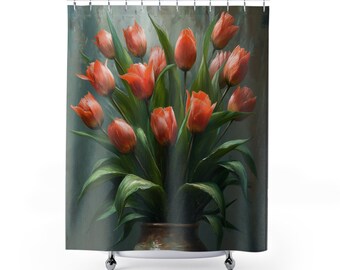 Vase of Beautiful Tulips Flowers Floral Art Landscape-Vintage Heavy Paint Watercolor Oil Painting, Flower Curtain - Artwork Shower Curtain
