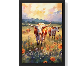 Sunset Grazers - Watercolor Print of Longhorn Cows in a Flower Field - Framed Vertical Poster