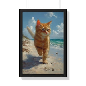 Orange Cat Kitten Walking Along the Beach Seascape Cat Owners - Watercolor Oil Painting, Feline Cat, Satin and Archival Matte Framed Print