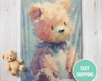 Teddy Bear Nursery Baby Blanket, Velveteen Plush Throw, Kids Room Decor, Baby Shower Gift, Cozy Toddler Bedding