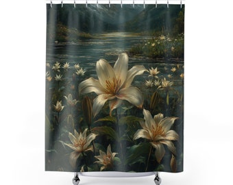 Lillies in a Creek Mountain View Floral Painting- Vintage Heavy Paint Watercolor Oil Painting, Flower Painting - Artwork Shower Curtain