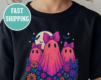 Camiseta infantil con estampado de fantasmas y lazo de croqueta floral - Linda camiseta de Halloween para niños, camiseta infantil con estampado de fantasmas, camiseta de Halloween para niños, fantasma floral