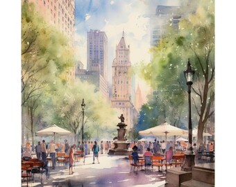 Póster satinado, impresión artística de acuarela de la ciudad de Nueva York en Bryant Park Spring, decoración de pared, decoración de oficina en casa, regalo para amantes de Nueva York, dormitorio