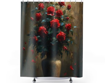 Vase of Red Roses- Vintage flowers Heavy Paint Watercolor Oil Painting, Red Roses Decor, Flower Shower Curtain- Artwork Shower Curtain