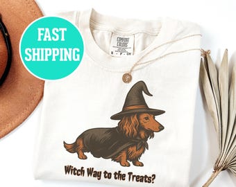 Witch Way To The Treats T-shirt, Halloween Tee, Long Haired Dachshund Shirt, Unisex Tee, Witch Costume Shirt