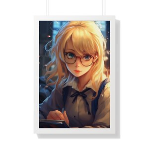 Anime Scholar: Photorealistic Print of a Blonde Anime Girl with Glasses - Framed Vertical Poster