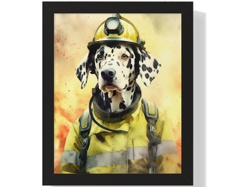Dalmatian Firefighter Watercolor Print -Fun Dog Art - Firehouse Pride -Kids Room Wall Art - Whimsical Animal Artwork -Framed Vertical Poster