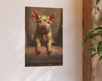 油絵　みーちゃん　夕方帰る子豚 ソファに座るかわいいミニチュア子豚農場動物の肖像画 - 風変わりな
