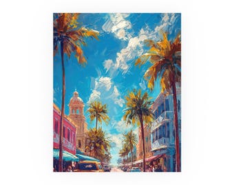 水彩画　夏のインテリア　南国風 カリフォルニア ベニス ビーチ ショップ ヤシの木 ストリート - 水彩画