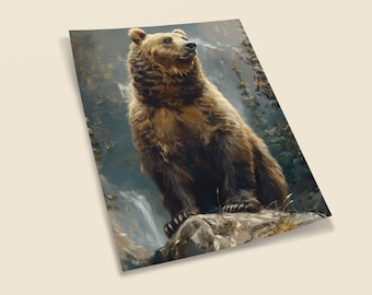 Puede incluir: Un oso pardo se encuentra de pie sobre una roca con una cascada de fondo. El oso está mirando hacia arriba y tiene una expresión seria en su rostro.