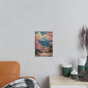 Traditional Japanese Village with View of Cherry Blossoms Mt. Fuji- Vintage Oil Painting - Matte A4 Size Unframed Print