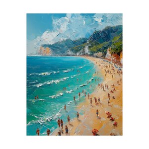 Escena de playa francesa junto a la playa, bañistas de vacaciones, estilo impresionista, impresión de paisaje, pintura de trazos gruesos, carteles verticales mate, sin marco