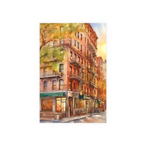 Lower East Side NYC Fall Watercolor, Framed Canvas Print - Urban Brownstone Artwork, Cityscape Art, Satin & Archival Matte Unframed Print