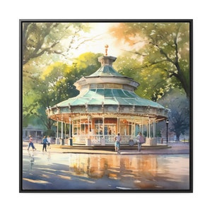 Central Park Carousel Spring Scene - Vibrant Watercolor Style Framed Canvas Print - NYC Home Decor