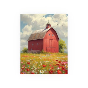 Rustic Red Barn in the Spring Field of Flowers Cloudy Summer Day- Painting Watercolor -Satin and Archival Matte Unframed Print
