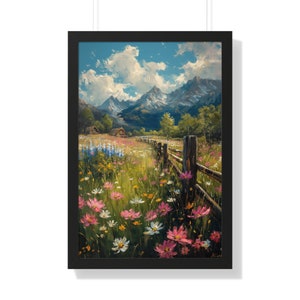 Feld der Frühlingsblumen in den Bergen der Hillside Ranch im Hintergrund Badezimmer - Vintage Ölgemälde - Satin und Archival Matte gerahmter Druck